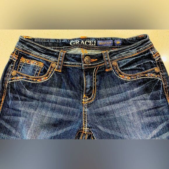 Grace in LA Women's Boot Cut Jeans - Dark Blue with Brown Embroidery - Picture 11 of 13